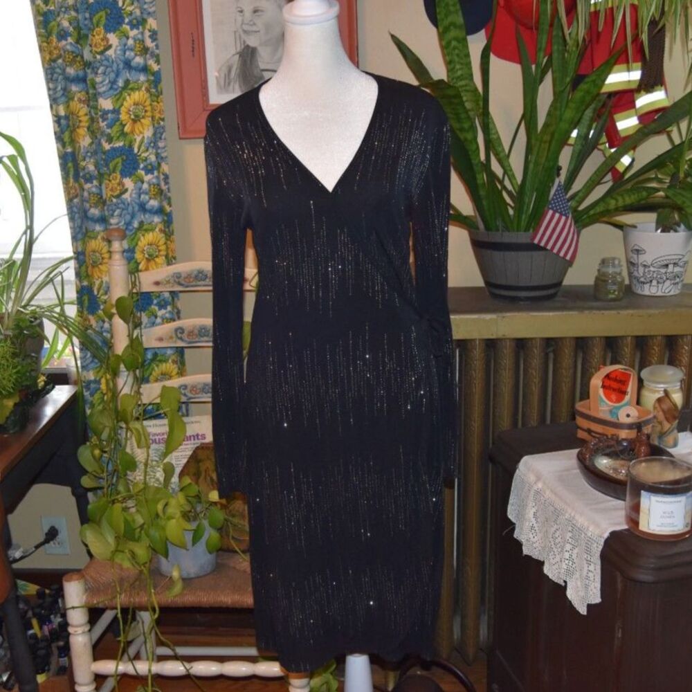 Vintage 90s Carabella Collection Rhinestone Sequined Wrap Dress Black Size Med